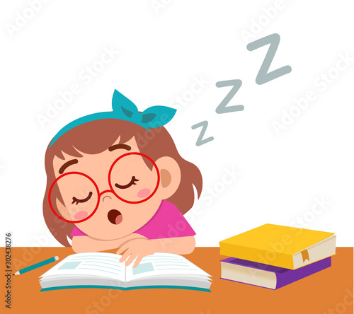 happy cute girl sleep while study in class