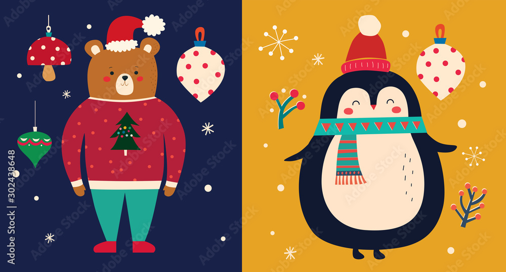 Vector Christmas cartoon illustration with cute penguin and bear