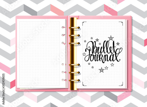 Pink Bullet Journal and hand drawn lettering for notebook, diary mock up. Cute hand drawn line doodle on dotted background.