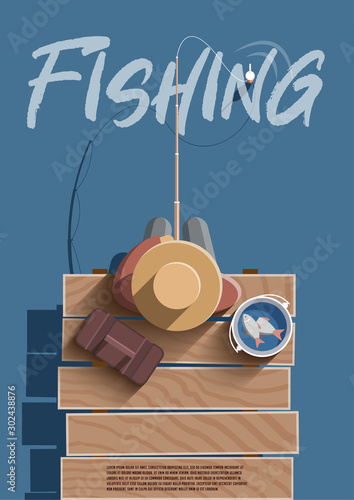 Fishing competition vector poster. Fisherman with fishing rod. Fishing equipment