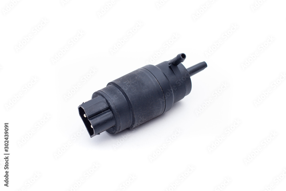 Washer pump for car on isolated white background. Car repair spare part. Washer pump for car on isolated white background. Car repair spare part.