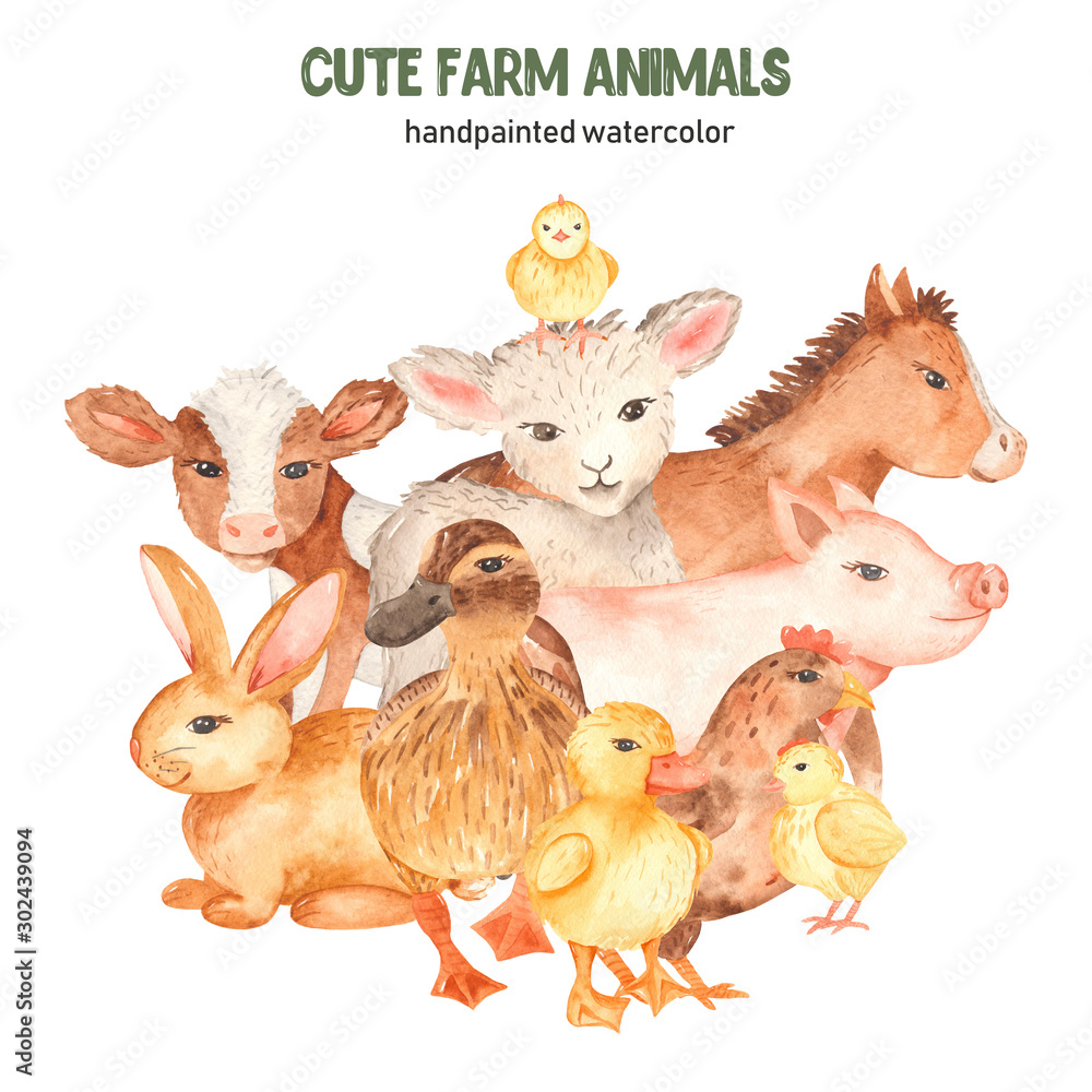 Watercolor card with cute cartoon farm animals Stock Illustration ...