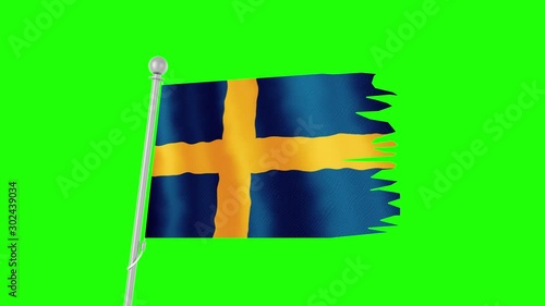 Flag Sweden chroma key. Flagpole. Flag on green background 4k, full HD. A ragged flag fluttershy in the wind on the flagpole. Background, chromakey photo