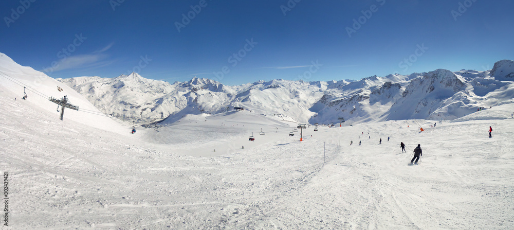 Panorama of ski slopes at Tignes, ski resort in the Alps, France