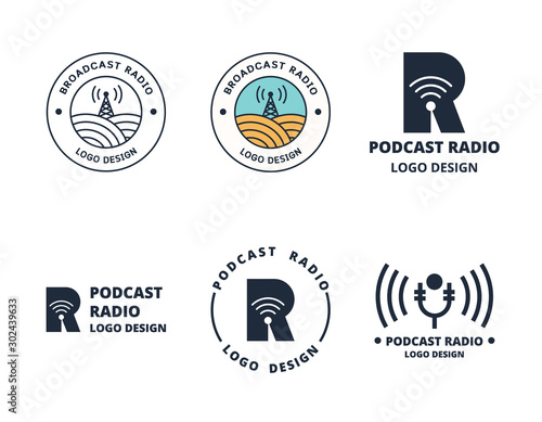 Broadcast radio logo template. Podcast radio. Vintage logos vector. Vector set of radio logos, icons, signs isolated on white background. 