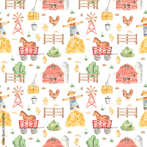 Watercolor seamless pattern with cute farm  scarecrow  hay  wind pump on a white background