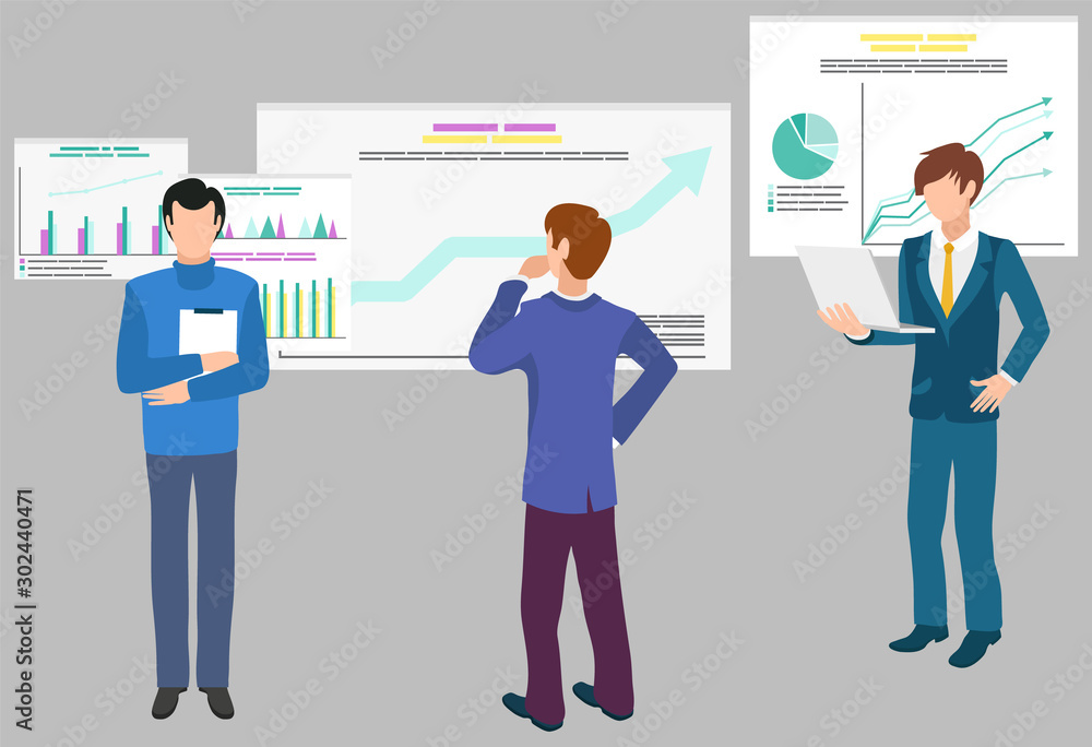 Male colleagues working, looking at charts, infographics and diagrams on whiteboard. Employee using laptop, Teamwork data analytics vector illustration