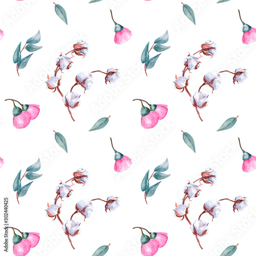 A trendy and tender watercolor pattern of blue-green sprigs of eucalyptus, pink eucalyptus flower and cotton. Hand drawn isolated on a white background.