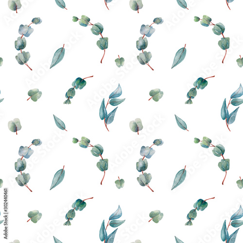Trendy and delicate watercolor pattern of blue-green sprigs of eucalyptus and leaves. Hand drawn isolated on a white background.