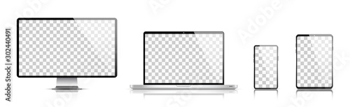 Realistic set of monitor, laptop, tablet, smartphone with shadow vector illustration. EPS 10