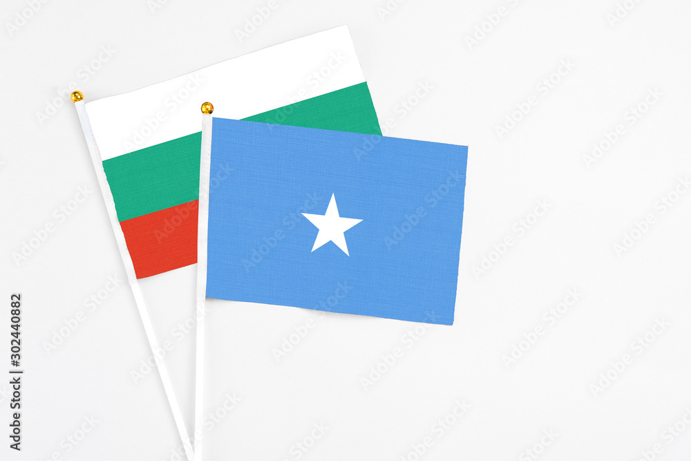 Somalia and Bulgaria stick flags on white background. High quality fabric, miniature national flag. Peaceful global concept.White floor for copy space. Somalia and Bulgaria stick flags on white background. High quality fabric, miniature national flag. Peaceful global concept.White floor for copy space.