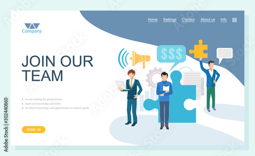 Join team online, looking for professional, teacher knowledge and skills. We direct opportunities to achieve goals, interview or resume, company ad vector. Website or webpage template, landing page