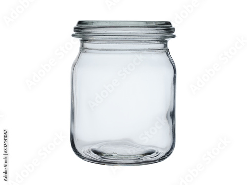 Empty glass jar closed with glass lid isolated on white background