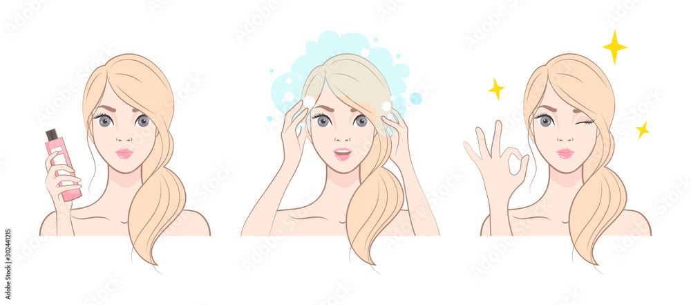 Set of icons. Beautiful blonde girl washes her hair. Image isolated on white background. Set of icons. Beautiful blonde girl washes her hair. Image isolated on white background.