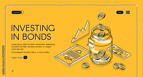 Investing in bonds isometric landing page, dollar coins fall to jar with investment documents and charts around, invest fund increase money finance business 3d vector illustration, line art web banner