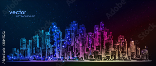 Vector night city illustration with neon glow and vivid colors.