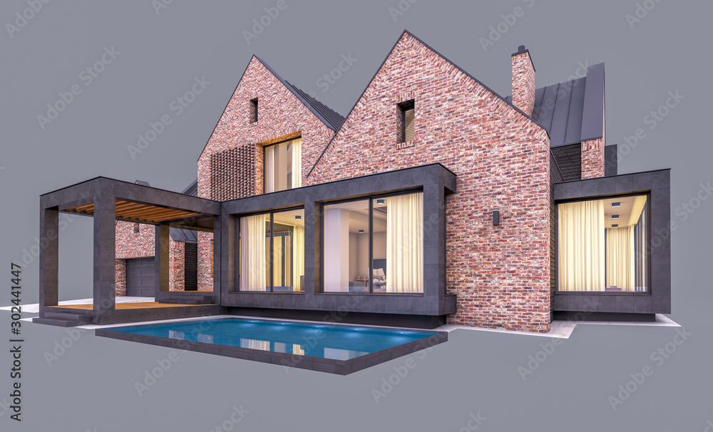 3d rendering of modern cozy clinker house on the ponds with garage and pool for sale or rent in evening with cozy light from window. Isolated on gray 3d rendering of modern cozy clinker house on the ponds with garage and pool for sale or rent in evening with cozy light from window. Isolated on gray
