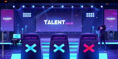 Talent show stage with jury chairs rear view, empty scene with neon spotlights illumination, huge screen and video operator with camera for recording television competition Cartoon vector illustration