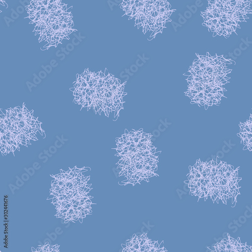 Abstract seamless pattern with white scribbled ellipses. Chaotic pattern on blue background. Vector hand drawn texture.