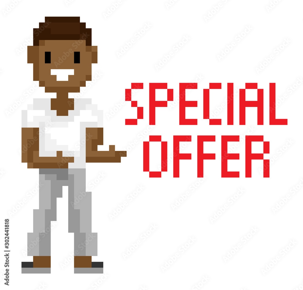 Obraz premium Special offer white page, man with dark skin shooting, portrait view of smiling male character, geometric person, pixel game, pixelated hero vector