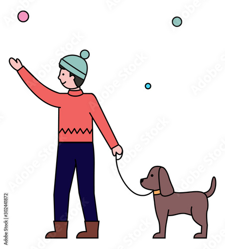 Young man walking with his pet. Domestic dog on leash going with owner. Boy in outerwear and hat strolling in winter urban park. Vector snowflakes falling on ground, snowy weather illustration
