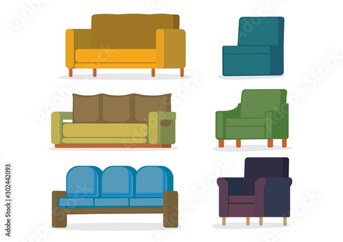 A set of four sofa/ couch with various style and colours. Isolated vector illustration.
