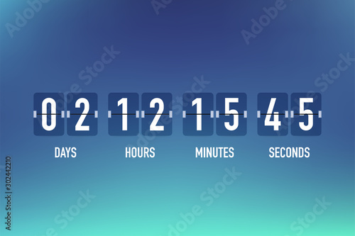 UI app digital count down circle board meter with circle time pie diagram. Countdown clock counter timer. Scoreboard of day, hour, minutes and seconds.