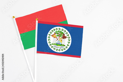 Belize and Burkina Faso stick flags on white background. High quality fabric, miniature national flag. Peaceful global concept.White floor for copy space.