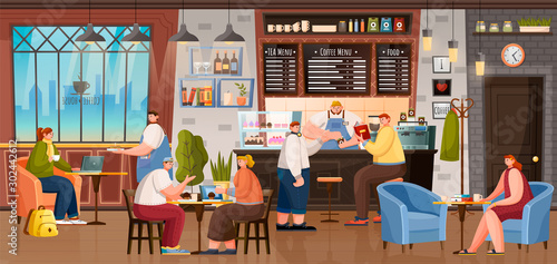 Cafe with people sitting by tables and making order by counter vector. Menu of coffee house above barista talking to clients. Coffeehouse interier with people. Restaurant coffe shop with hot drinks
