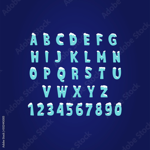 Winter font, snow alphabet for merry christmas and new year cartoon typography, vector ice abc for fun family education, frozen text with cold holiday numbers. Vector flat style. Festive icy letters
