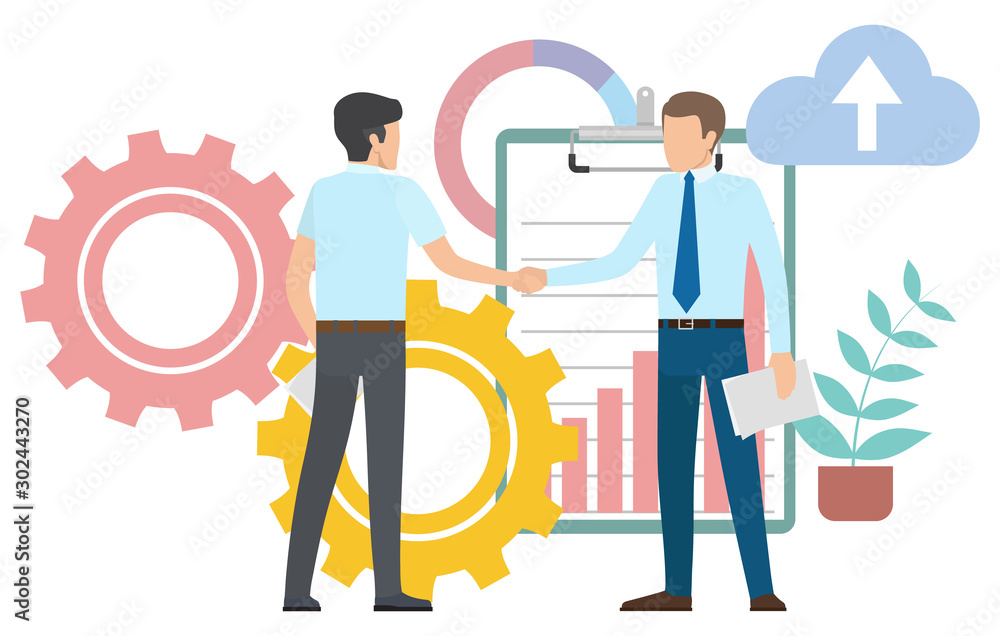 Businessman vector, flat style characters employee care. Cogwheel process, clipboard with infocharts showing success. Plant on pots. Perks and benefits for personnel, support of professional growth Businessman vector, flat style characters employee care. Cogwheel process, clipboard with infocharts showing success. Plant on pots. Perks and benefits for personnel, support of professional growth