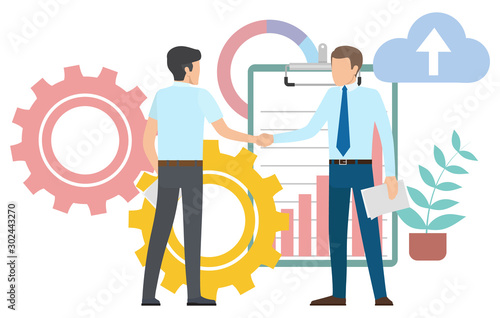 Businessman vector, flat style characters employee care. Cogwheel process, clipboard with infocharts showing success. Plant on pots. Perks and benefits for personnel, support of professional growth
