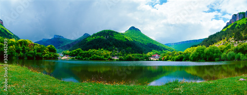 Panoramic view of the mountain lake. Mangup-Kale, Crimea