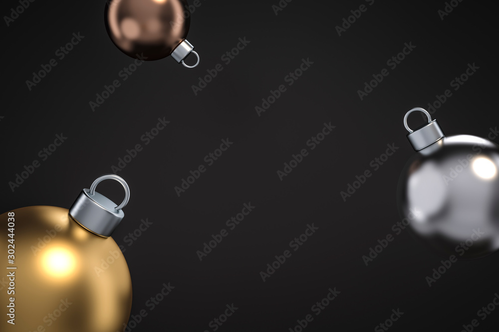 Metallic golden, Silver, Copper Ornaments Christmas ball on black background 3d rendering. 3d illustration minimal style christmas and new year concept.