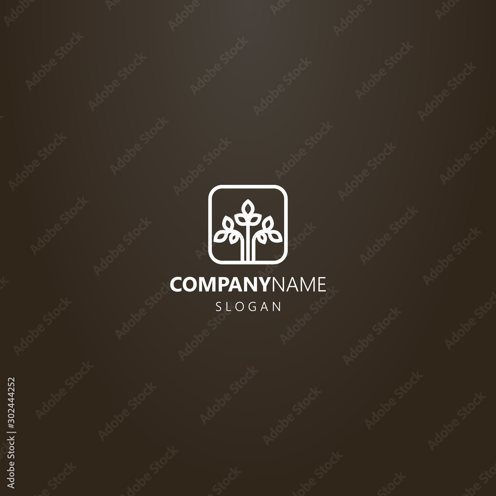 white logo on a black background. vector line art logo of three branches of a plant with leaves in a square frame white logo on a black background. vector line art logo of three branches of a plant with leaves in a square frame
