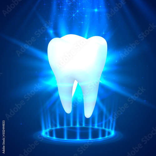 Tooth on a blue background, template design element.