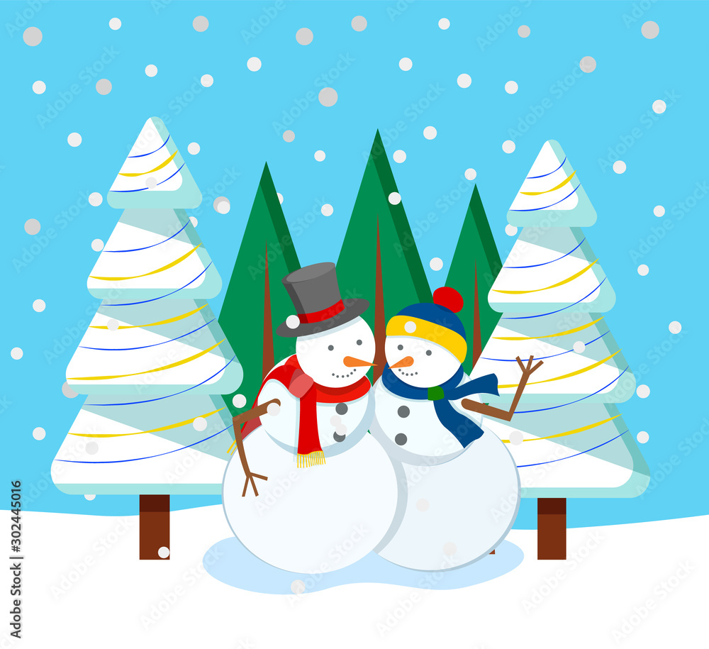 Winter holiday postcard with snowman characters hugging near fir-trees. Greeting card with traditional frost symbol near snowy spruce. Trees and snowfall weather outdoor, festive invitation vector