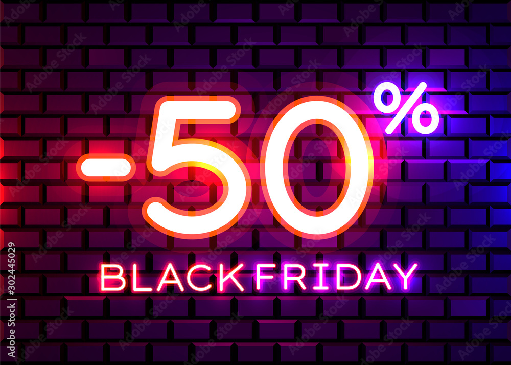 Black Friday realistic isolated neon sign for decoration and covering on brick background. Concept of sale, clearance and discount.
