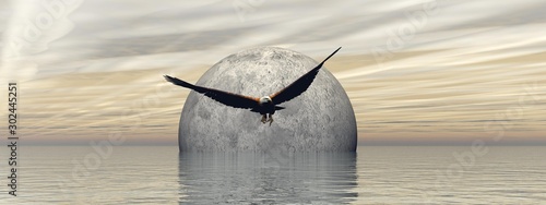 flying an eagle with a beautiful full moon landscape - 3d rendering