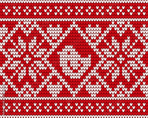 Christmas embroidery decorated by bird and flower. Knitwear with pattern in white color. Xmas postcard or textile with winter traditional symbols. Element of jumper with handicraft decorations vector