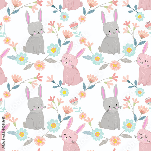 Cute bunny in flowers garden seamless pattern fabric textile wallpaper.