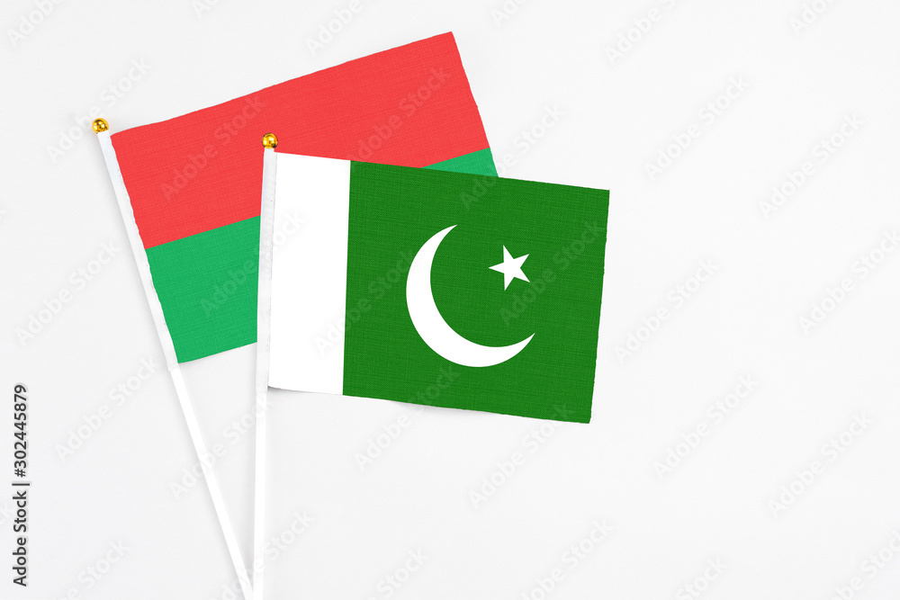Pakistan and Burkina Faso stick flags on white background. High quality fabric, miniature national flag. Peaceful global concept.White floor for copy space.