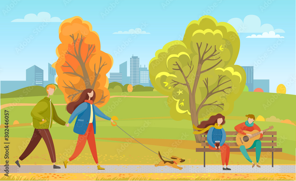 Obraz premium People sitting on wooden bench in autumn park. Woman and man on date, guy play music on guitar. Couple walking together with dog on leash. Cityscape on background, fall weather, vector illustration
