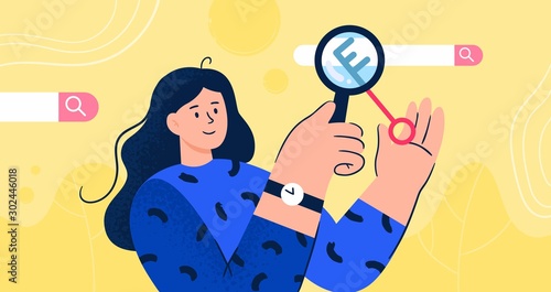 SEO optimization vector concept. Girl looking for keywords and semantic core. Stylish flat illustration good for banners, ads, landing pages or other web promotion issue.