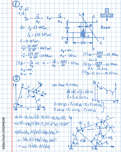 Retro vector background with physics formulas, outlines and equations on notebook page. College  notation. Educational and scientific vintage background.