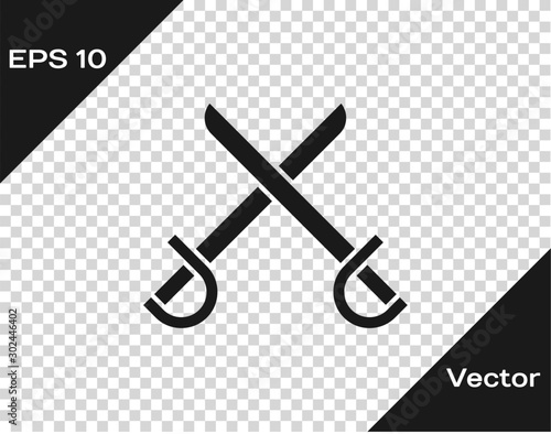 Grey Crossed pirate swords icon isolated on transparent background. Sabre sign. Vector Illustration