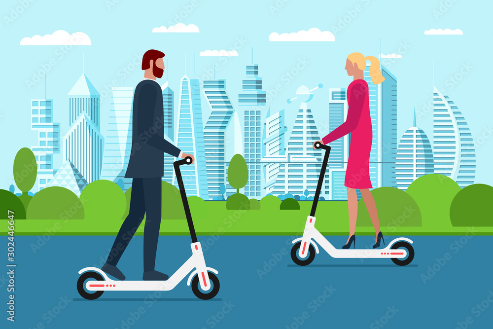 Hipster business man and woman riding electric scooters in future city  park. Eco transport in town and having tour. Spending free time on urban  street vector illustration Stock Vector
