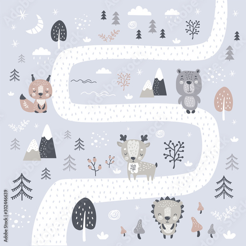 Cute hand drawn background in scandinavian style. Road in forest and various doodle wild animals and plants