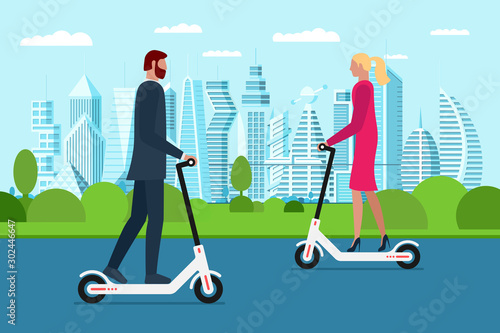 Hipster business man and woman riding electric scooters in future city park. Eco transport in town and having tour. Spending free time on urban street vector illustration
