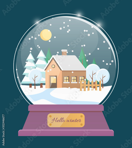 Hello winter, isolated snow globe. Glass bauble with glass sphere. House in village with snowing weather. Home in small town at night with moon at sky. Toy with christmas decor flat style vector